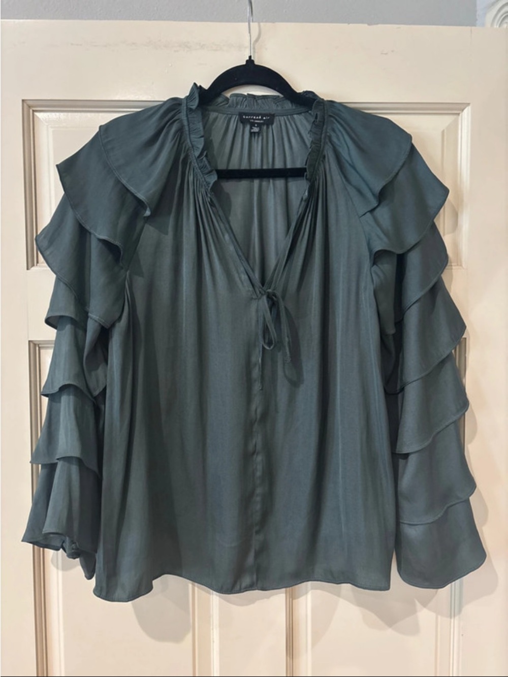 Current Air Ruffle Sleeve Tie-Neck Blouse - Slate Green